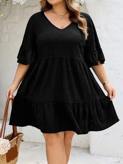 SHEIN CURVE+ Plus Size Casual Vacation Textured Plaid V-Neck Loose A-Line Dress Plus Size Babydoll Dress Plus Size Ruffle Dress Black Plus Size Dress Plus Casual Dress Summer Plus Size Dress Plus Size Casual Dress