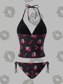 Betty Boop x SHEIN Women's Summer Vacation Beach Cherry Print Halter Bikini Set - Black - View 2