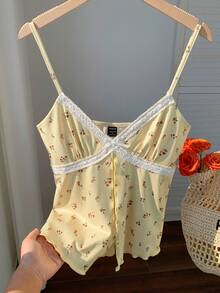 Comfortcana Áo hai dây ren họa tiết hoa nhí mùa hè giản dị - Màu vàng - Xem 3