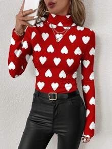 SHEIN Clasi 女士休闲简约爱心印花高领打底衫 - 彩色 - 查看 5