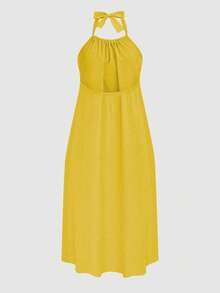 Rometta 大码夏季纯色挂脖露背黄色连衣裙 - 黃色 - 查看 2