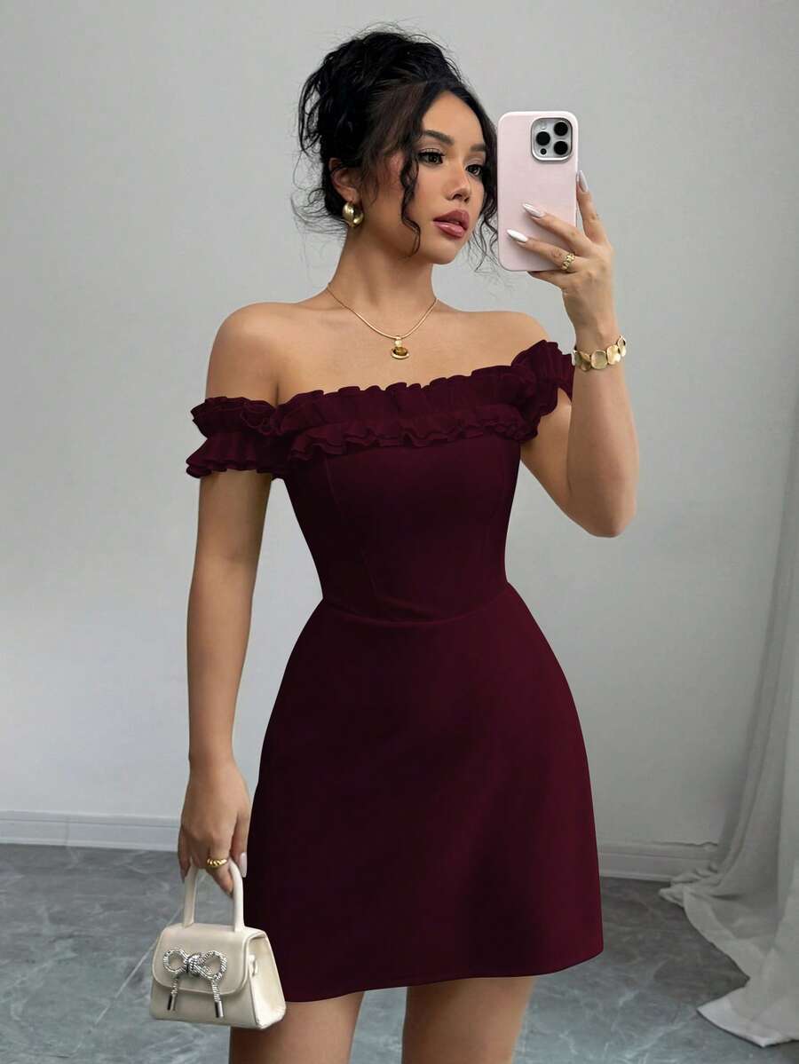 SHEIN PETITE Petite Frill Trim Off Shoulder Cinched Waist Elegant Sophisticated Romantic Women Dress - Burgundy - View 1