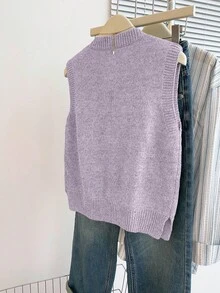 Franclia Áo dệt kim không tay cổ tròn dáng rộng màu xám, kiểu dáng thường ngày, cài khuy hình ếch kiểu Trung Quốc, dành cho nữ, mùa xuân/thu. - Màu tím - Xem 2