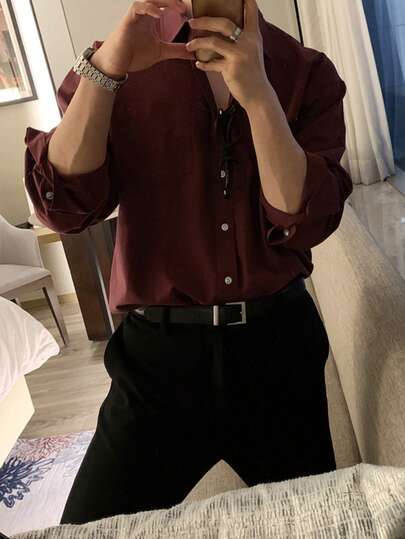 DAZY 男士酒红色休闲百搭通勤衬衫，春季款