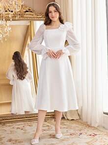 Elegant Puff Sleeve Waist Ruffle Hem Long Sleeve Wedding Dress For Teen Girls - White - View 5