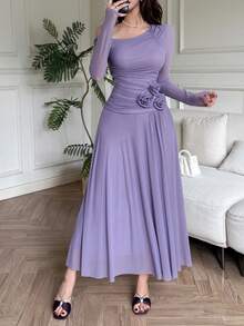 Feyla Women's Solid Color Asymmetric Neckline Ruched Long Sleeve Dress - Purple - View 3