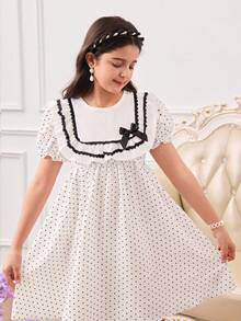 Elladie kids Girls' Round Neck Ruffle Trim Puff Sleeve Polka Dot Print Casual Dress, Elegant And Versatile For Vacation, Daily Wear - Black and White - View 6