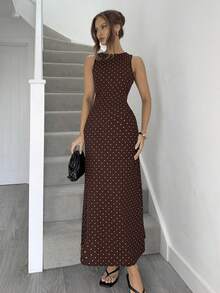 女士优雅波点印花露背系带无袖连衣裙，夏季 - 咖啡棕 - 查看 5