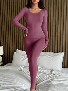DAZY 两件套女士纯色舒适针织圆领修身打底衫和裤子家居服套装 - 粉色 - 查看 3