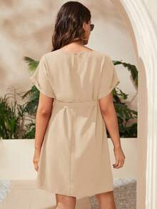 SHEIN 孕妇休闲日常通勤纯色蝙蝠袖系腰连衣裙，夏季 - 杏色 - 查看 2