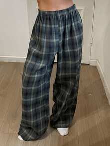 Livesso Loose Straight Elastic Waist Women's Plaid Pajama Pants, Loungewear - Green - View 4