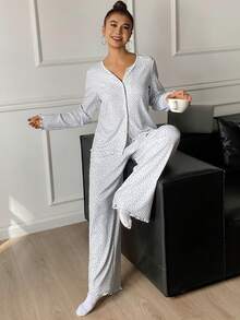 DAZY Women's All-Over Print Single-Breasted Long Sleeve Top And Wide Leg Pants Casual Loungewear Set - Grey - View 3