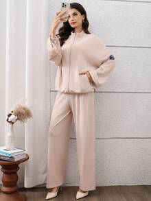 Graceveil Top à manches longues avec design de patch à fermeture éclair abricot + pantalon à taille élastique, ensemble de tenue élégante de style arabe pour femmes - Nude - Voir 7