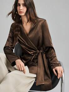 Ontre 2026 New Spring/Summer Women's Woven Fabric Tie-Up Design Asymmetric Loose Fit Brown Blazer Jacket, Suitable For Valentine's Day, Wedding Season, Independence Day, Urban Chic, Minimalist Fashion For Commuting - Brown - View 3