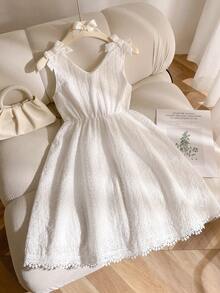 SHEIN Elladie kids 1pc Girls' White Hollow Embroidered Floral Lace Bow Tie Camisole Dress, Elastic Waist Ruffle Hem, Simple Chic Casual Vacation Style - White - View 4