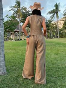 Livesso Bộ đồ 2 món gồm áo blazer không tay và quần dài, kiểu dáng thoải mái, thanh lịch dành cho nữ, thích hợp cho công sở và đi làm vào mùa xuân hè. - Màu Khaki - Xem 6