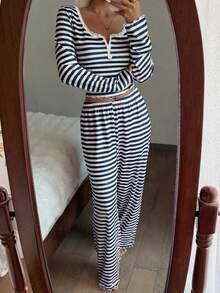 Snug Zone Lace Trim Scoop Neck 2-Button Striped Print Long Sleeve Top & Pants Pajama Set, Lounge Two Piece Set, Fall Winter Clothes Cozy And Elegant Details - Multicolor - View 3