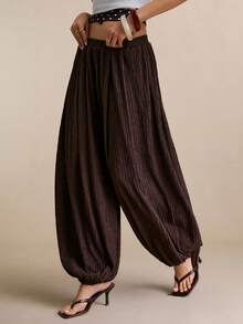 Poéselle 女士休闲日常通勤简约纯色褶裥锥形裤 - 棕色 - 查看 2