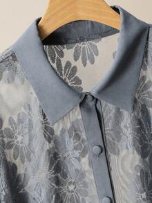 Lacomfia Bộ đồ nữ cỡ lớn gồm áo và quần ống rộng bằng vải lưới jacquard khoét lỗ, kiểu dáng thường ngày, 2 món. - Màu xanh bụi bặm - Xem 6