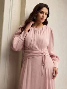 ZEYLAH Elegant Waist Cinched Midi Sleeve Round Neck Dress, Resort Style, Spring/Summer - Pink - View 6