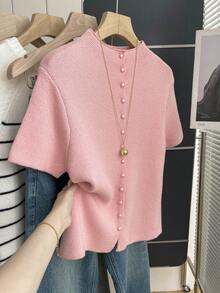 Franclia Elegant And Ladylike Style Loose Semi High Neck Short Sleeved Woolen Breasted Pink Women's Spring And Summer Knitted Top, Summer Outfits Spring Outfit Women Elegant Women's Knitted Top Casual Women Outfits Pink Knitted Top Pink Sweater