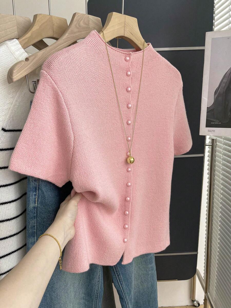 Franclia 优雅宽松半高领短袖针织纽扣毛衣上衣，女士春夏款