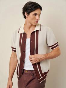 Manfinity Homme Men's Casual Everyday Commute Striped Contrast Color Short Sleeve Single-Breasted Cardigan - Apricot - View 4