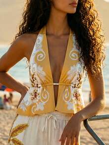 CAJUNI Conjunto de top halter sin espalda y pantalones con estampado tropical, para vacaciones y uso casual - Multicolor - Ver 4