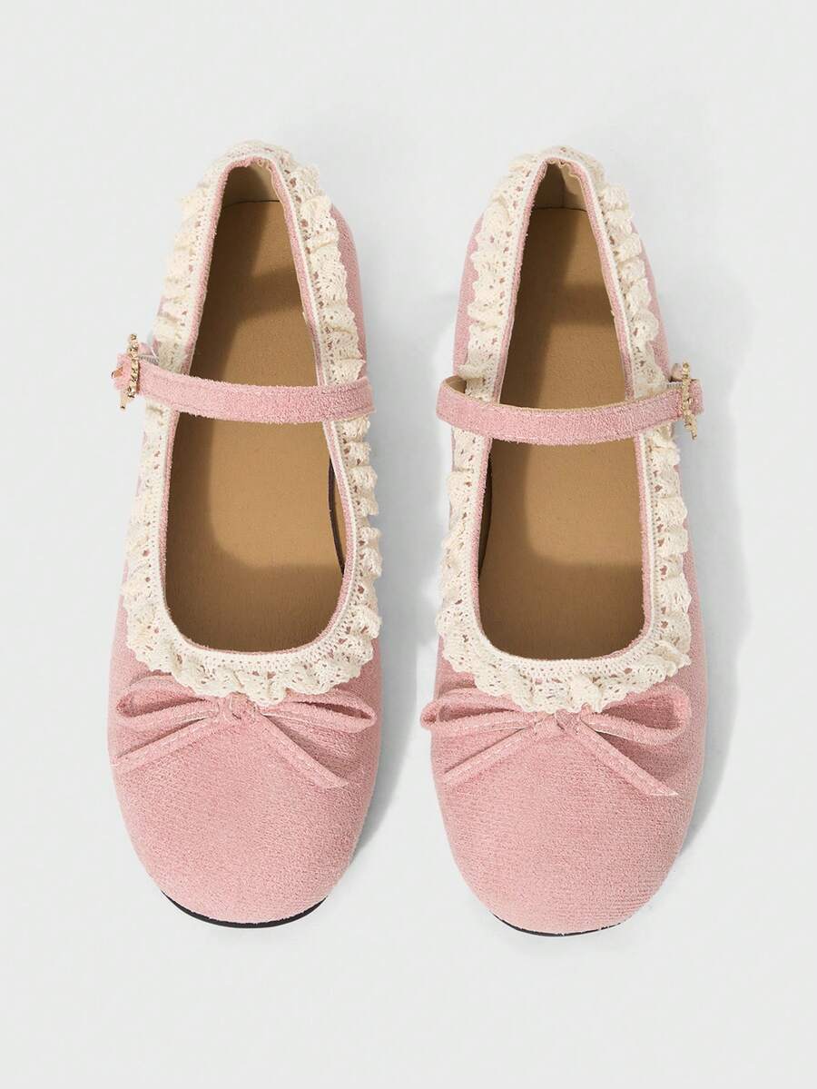 ROMWE Kawaii Women's Fashionable & Sweet Lace Trim Bow Decor Flats For Christmas Valentine's Day - Pink + white lace cloth - View 1