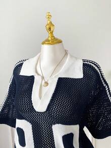 SHEIN EZwear Plus Size Casual Solid Color Hollow Out Knit Sweater, White Openwork Knit Short Sleeve Top,Holiday Outfits,Summer,Going Out Tops, Vintage Tops Women, Preppy Tops,Beach,Vacation,European Summer,Streetwear - Multicolor - View 6