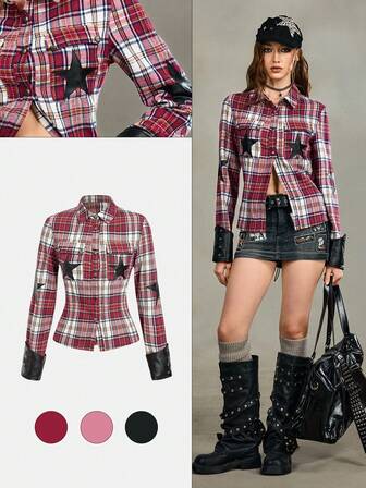 EDITION Vintage PUNK Red & Black Plaid Patchwork PU Star Applique Slim Fit Shirt