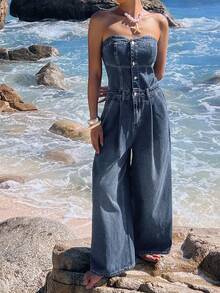 DAZY Women's Casual Washed Denim Jumpsuit With Bandeau Design - Medium Wash - View 4