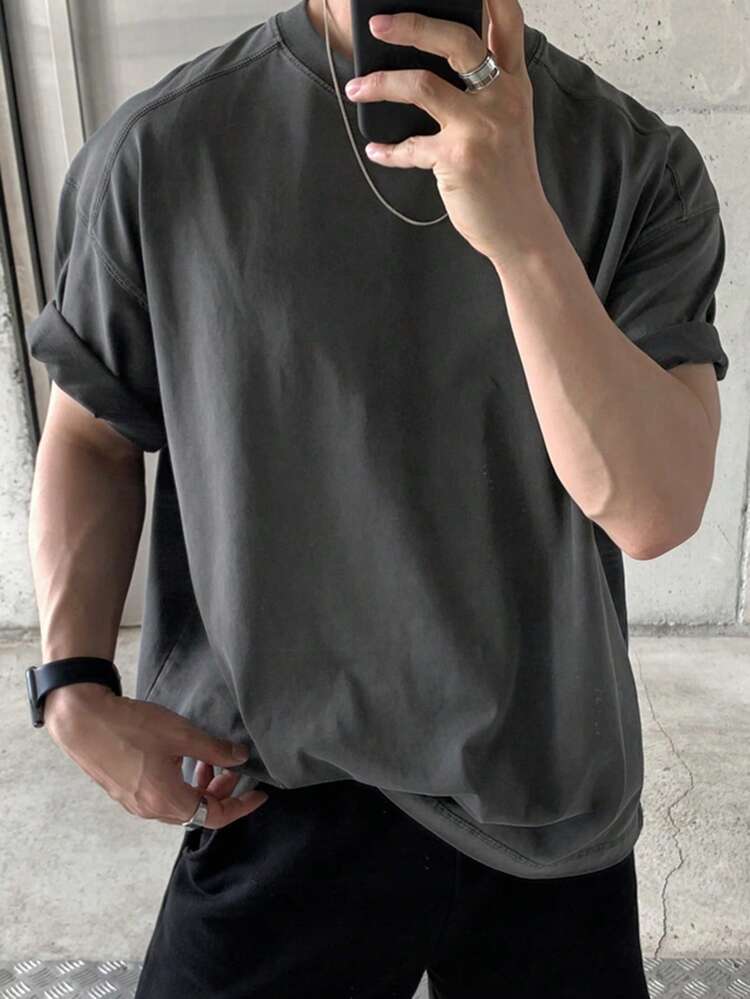 Men's Distressed Washed Deep Grey Round Neck T-Shirt, Summer