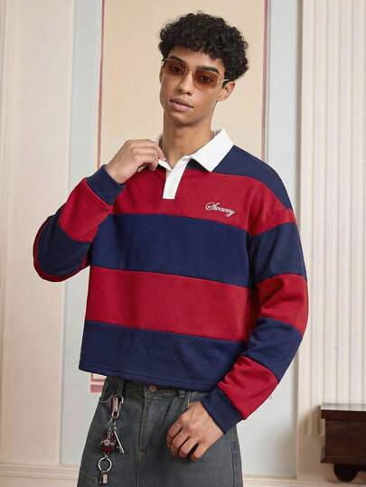 SWAVVY Men's Casual Colorblock Striped Polo Shirt, Autumn/Winter