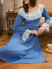 Côtesoire French Elegant Long Nightgown With Ruffled Lace Patchwork, Loose French Romantic Lace Patchwork Nightdress For Women - Dusty Blue - View 3