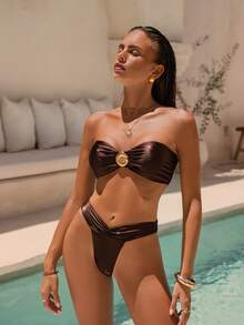 Swim Chiccia Traje de baño de 2 piezas de unicolor para mujer, traje de bikini para vacaciones en la playa - Café integral - Ver 4