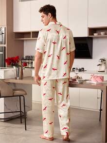 CoupledUp 男士时尚提花领印花短袖睡衣套装（2件套） - 杏色 - 查看 3