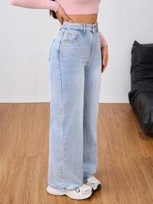 SHEIN Unity Celana Jeans Kasual Model Washed Pinggang Tinggi Potongan Lurus - Light Wash - View 3