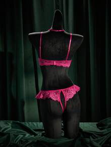 SpicyHot 2pcs/Set Women's Sexy Lace Trim Lingerie Set, Rose Red - Hot Pink - View 2