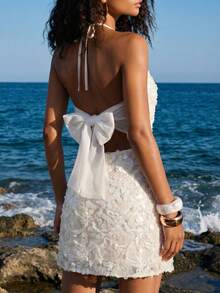 Nevyona 女士假日休闲亮片露背吊带连衣裙，适合派对穿着 - 杏色 - 查看 5