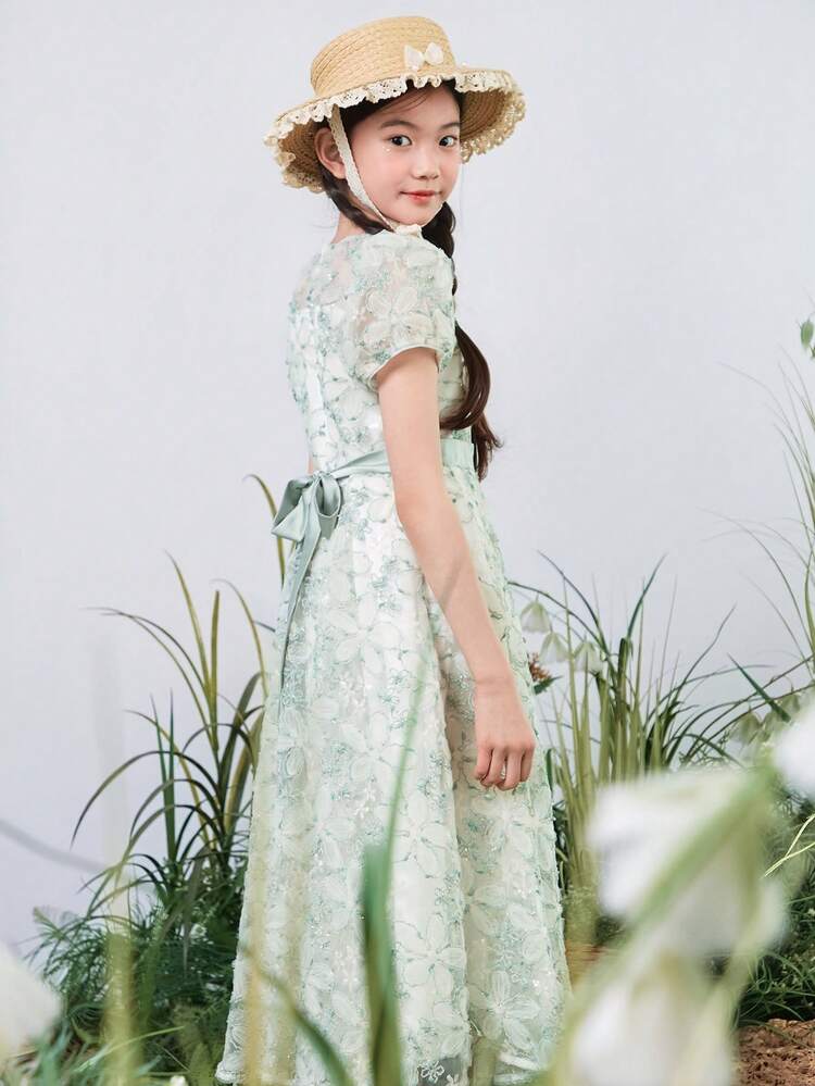 Tween Girl Mesh Patchwork Embroidered Round Neck Elegant Short Sleeve Dress