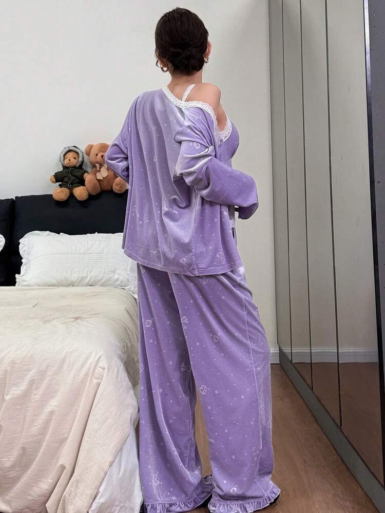 3pcs Set Velvet Bow Embossed Contrast Color Lace Patchwork Women Pajama Set