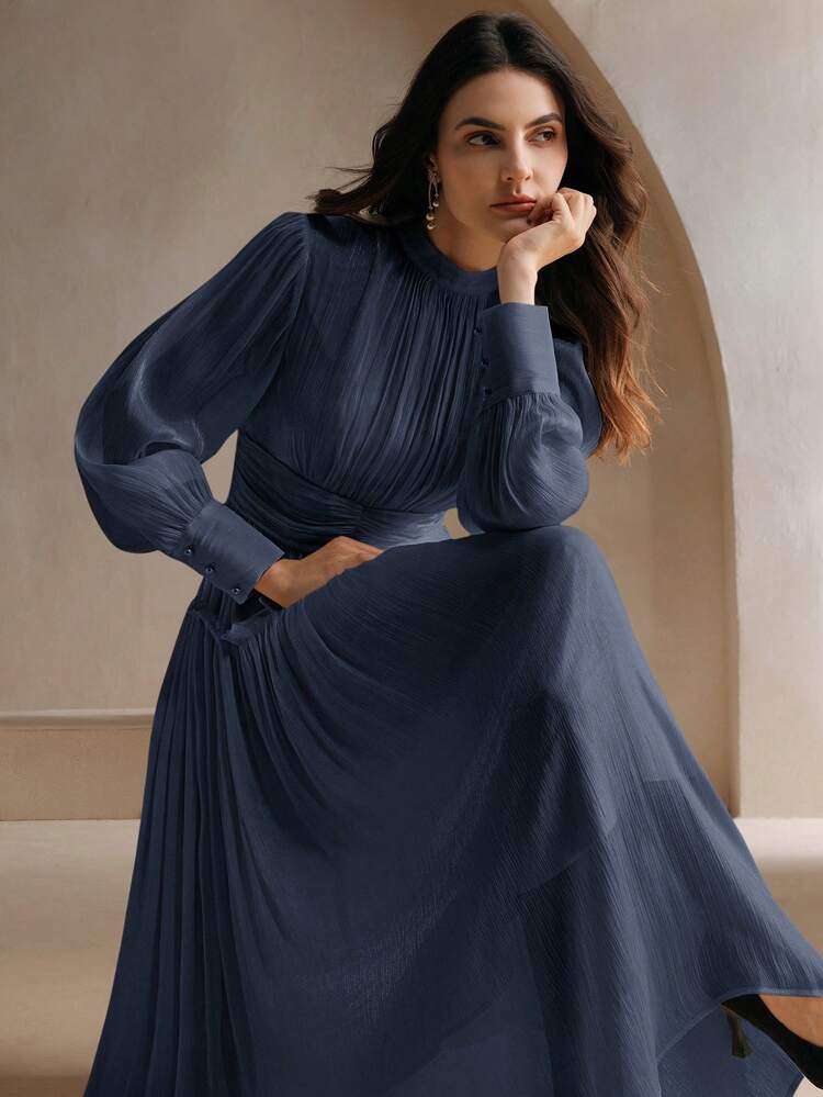 Elegant Lantern Sleeve High Neck Long Dress For Women Lantern Sleeve Dress Blue Silk Dress Pleated Dresses For Women