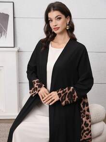 Al Najma Long Sleeve Woven Fabric Modest Abaya With Random Leopard Print And Split Hem - Black - View 5