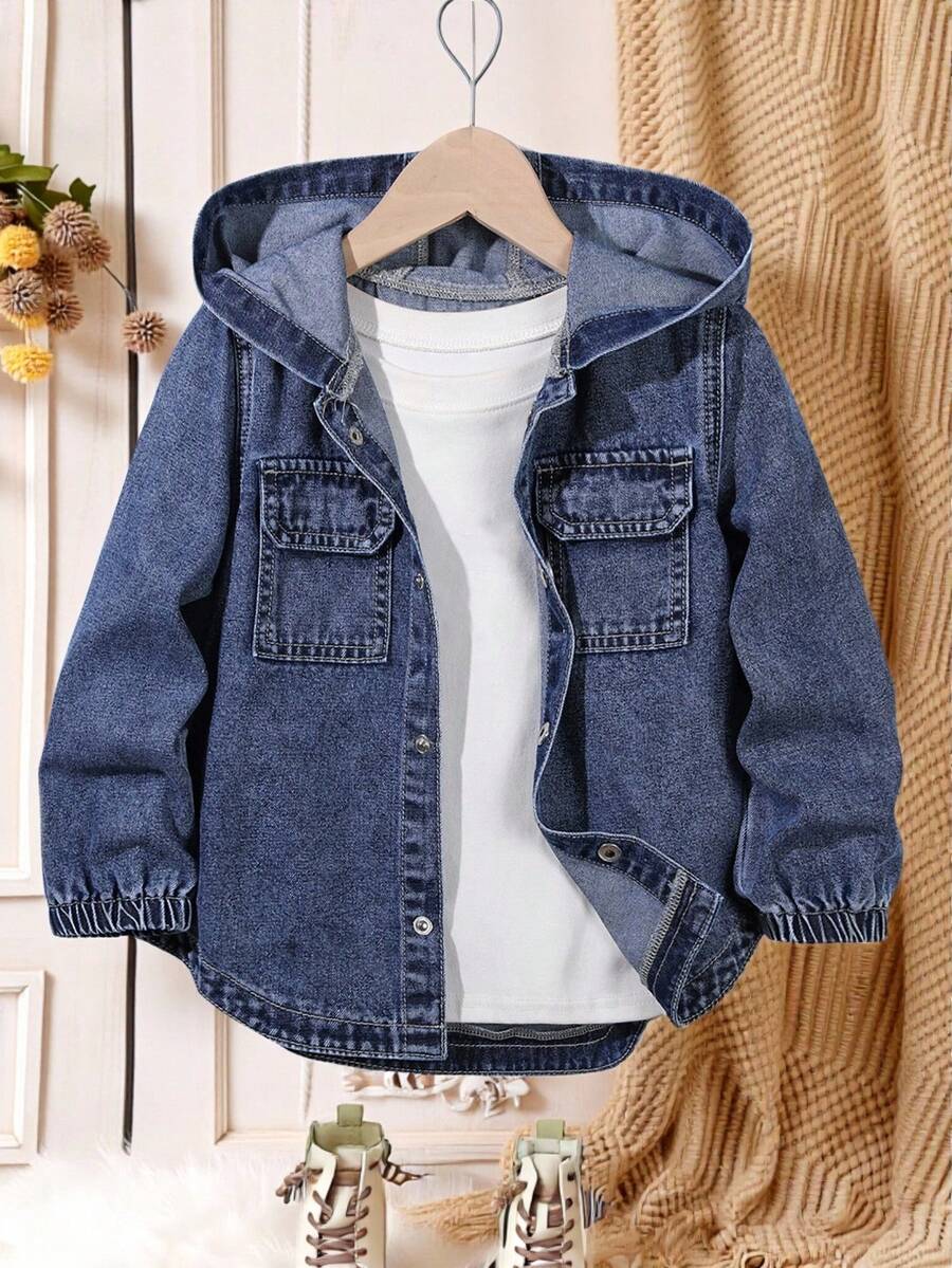 Girls' Light Blue Washed Denim Hooded Long Sleeve Jacket, Casual Loose Fit Denim Shirt Style Coat, Lightweight & Soft, Suitable For Daily Wear, School, Commute, Party, Home, Back To School Season - Dark Wash - View 1
