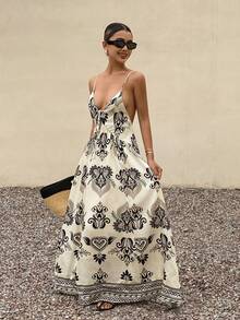 Livesso 春夏几何印花波西米亚休闲度假海滩优雅通勤宽松吊带连衣裙，饰有串珠系带细节 - 杏色 - 查看 3