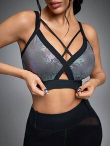 Innovista Sujetador deportivo de moda para mujer con recortes de contraste y calado, para verano - Gris Oscuro - Ver 8