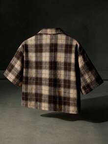 NEON BLANC Men's Fashion Plaid Front Button Rhinestone Embellished Short Sleeve Shirt, Summer - Brown - View 2