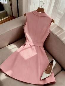 Franclia Women's Elegant Dusty Pink Sleeveless Button Dress With Belt,Summer Brunch Valentine's Day Style Collar Everyday Wear Business Commute - Pink - View 2
