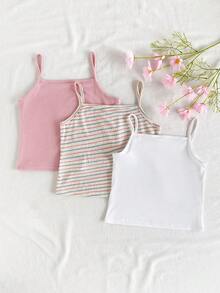 Vintaside Kids 3pcs/Set Older Tween Girl' Summer New Solid Color Slim Fit Ribbed Camisole - Multicolor - View 2